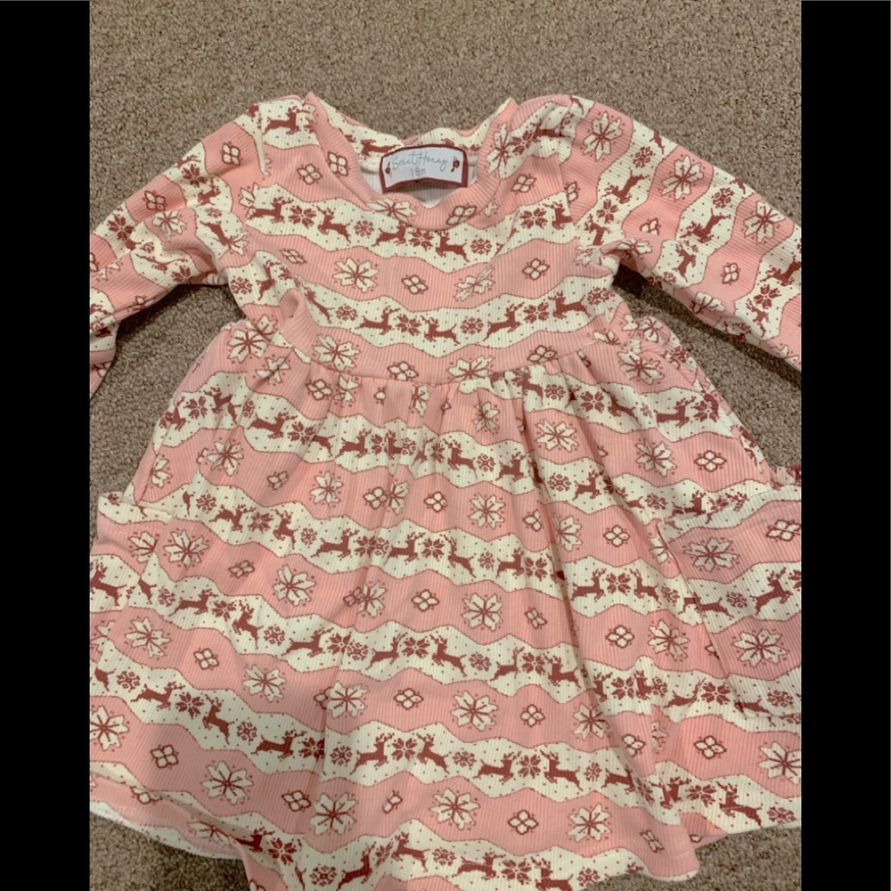 Sweet Honey Clothing Christmas Dress. Pink with reindeer.